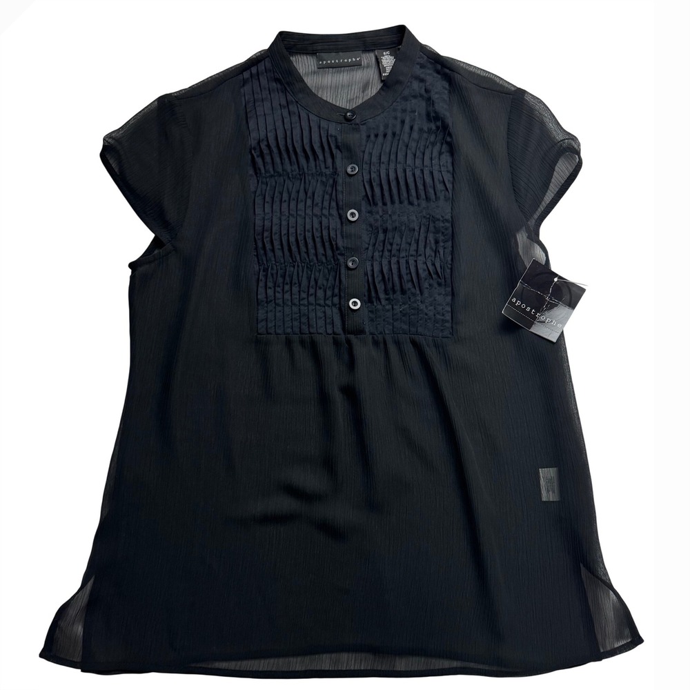 Apostrophe Womens Black Pintuck Tunic Chiffon Blouse Cap Sleeve Sheer Size Small